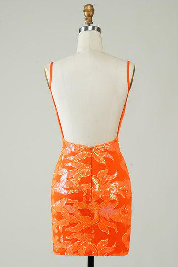 Orange Glitter Tight Homecoming Klänning med rygglös